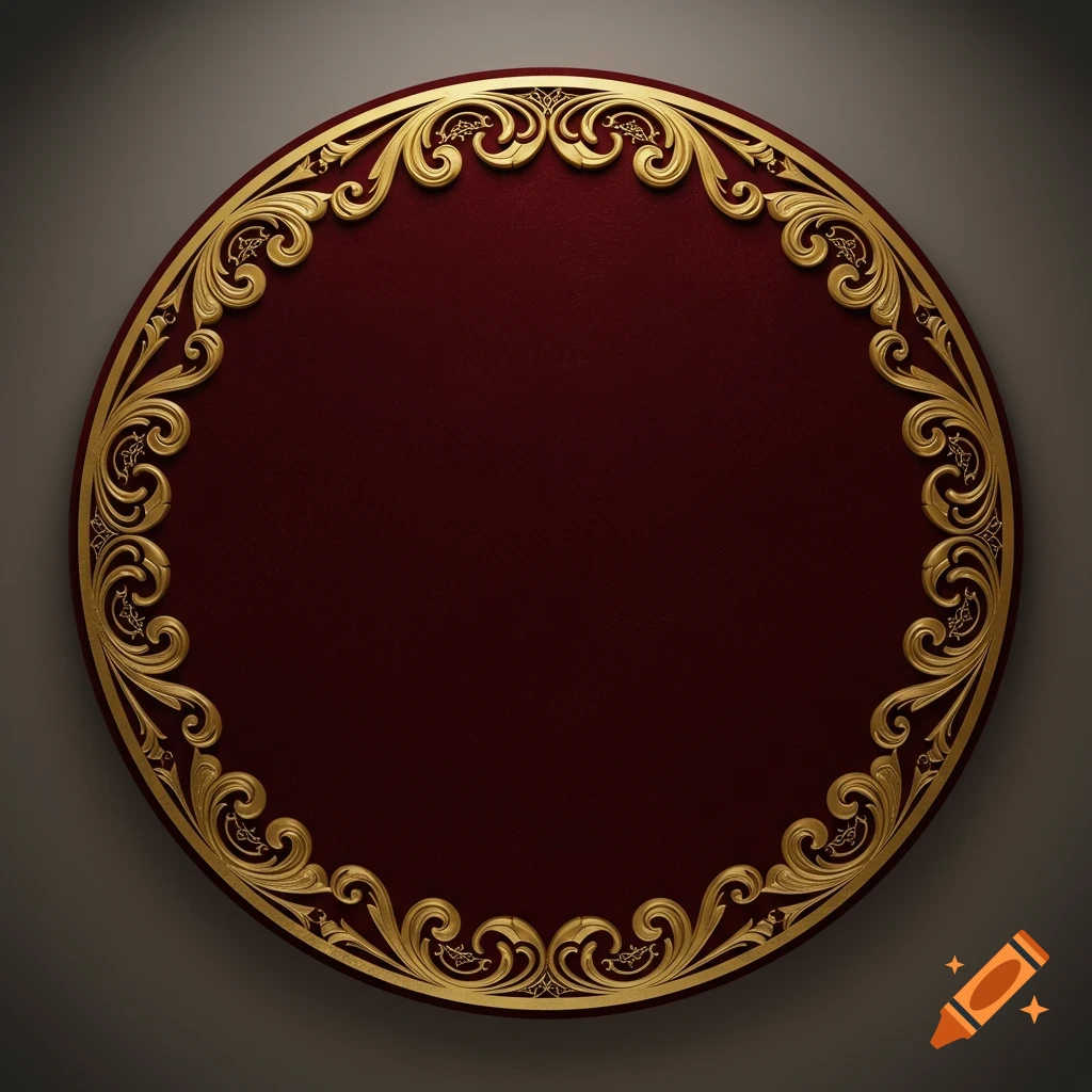 A circular burgundy background with an ornate gold baroque frame around the edge.