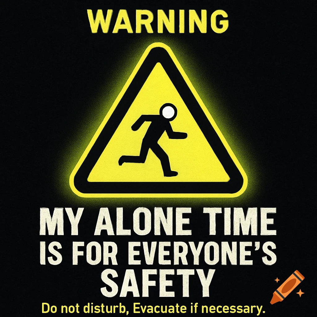 A neon-yellow warning sign with a running stick figure and text: "WARNING", "MY ALONE TIME IS FOR EVERYONE'S SAFETY", and "Do not disturb, Evacuate if necessary."