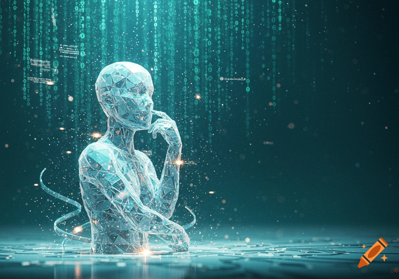 A glowing, crystal-faceted human figure in a thinking pose, against a dark teal background with falling binary code.