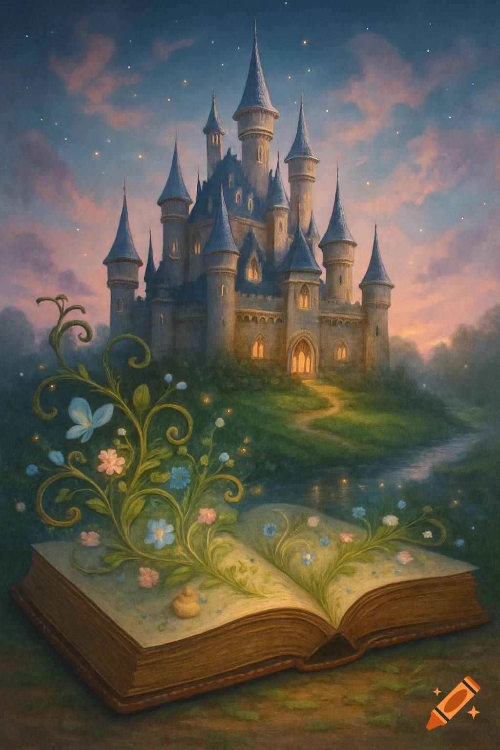 A fairytale castle at sunset, with an open book in the foreground from which glowing vines, flowers, and a butterfly emerge.