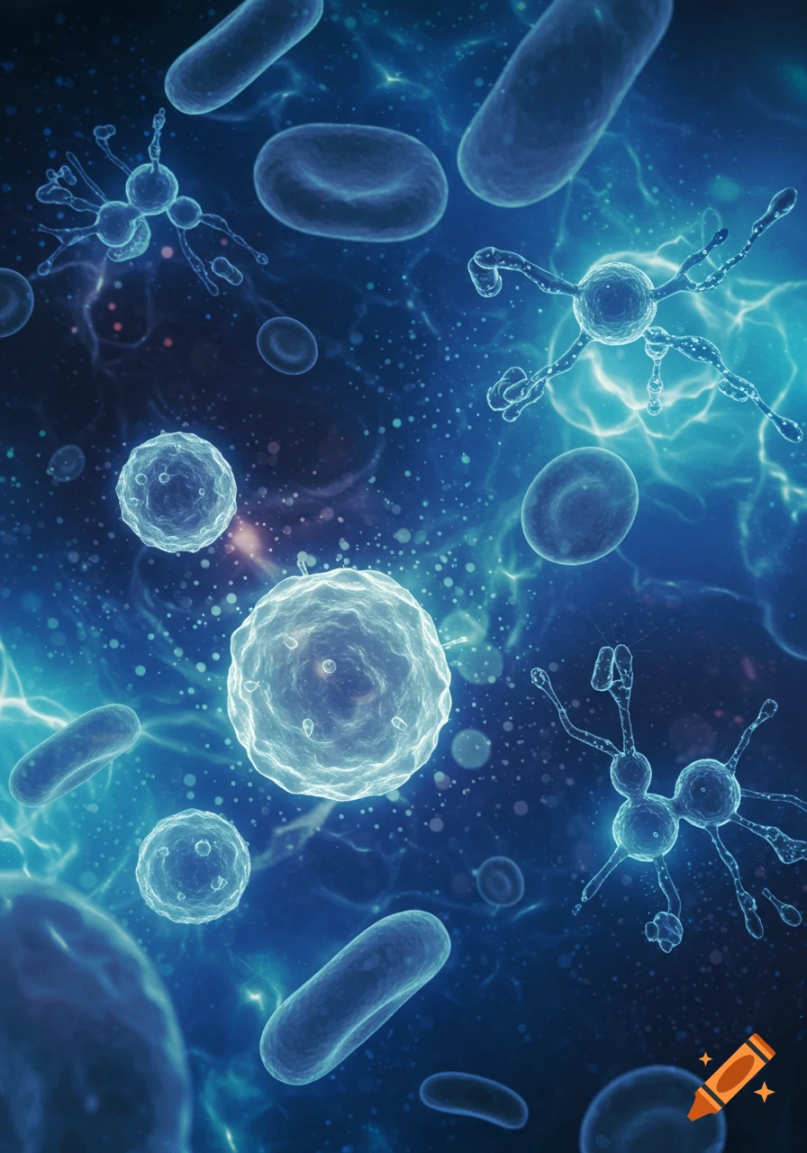 A microscopic view of glowing blue cells, including round, rod-shaped, and spiky organisms, against a dark, ethereal background.