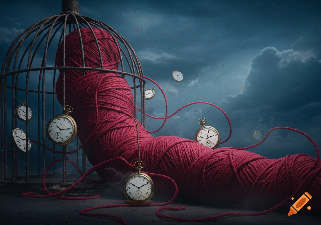 A large red yarn ball is trapped in a birdcage, with red threads unraveling. Pocket watches float and hang in a stormy sky.