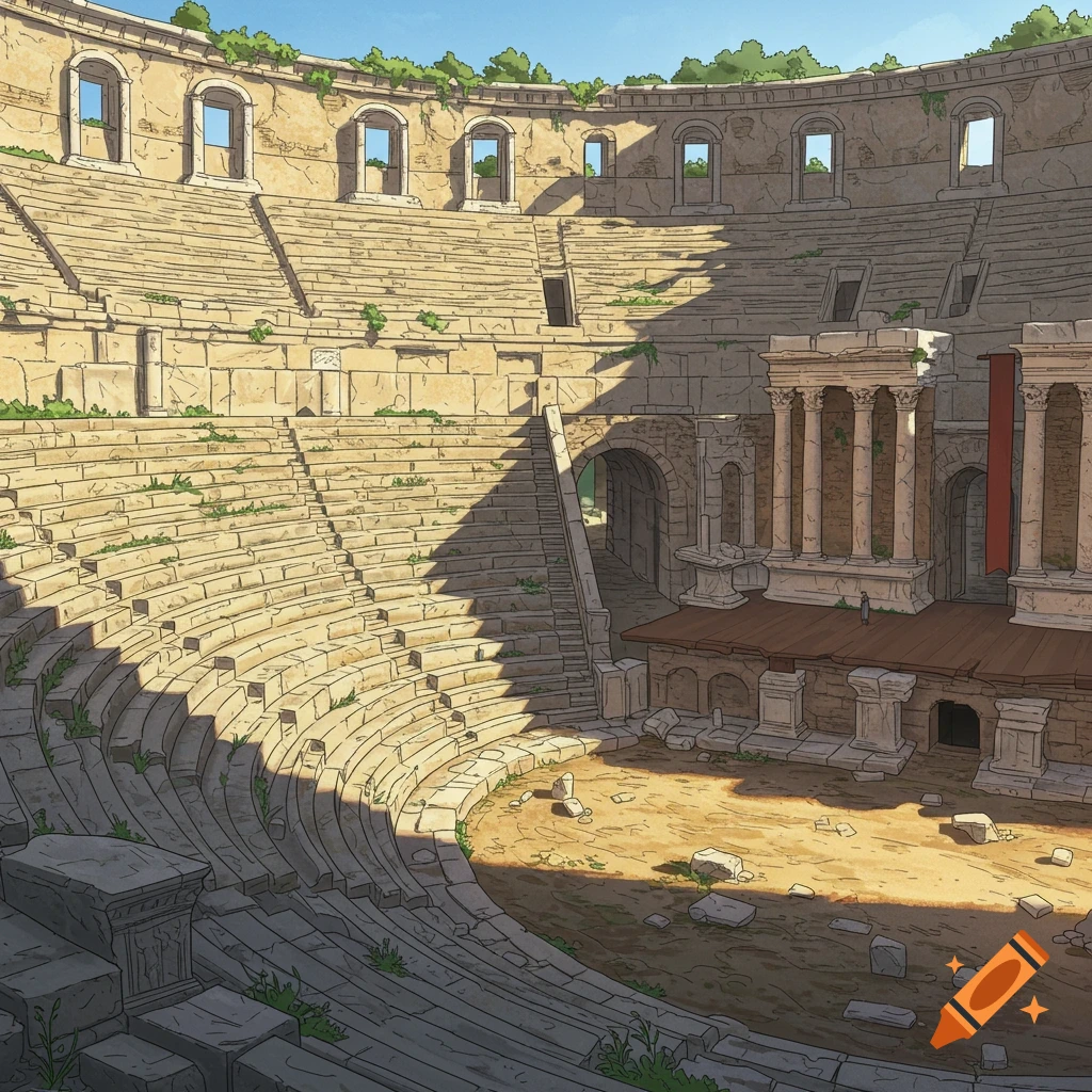 An illustration of a sunlit, ancient Roman outdoor theater with tiered stone seating and partial ruins.