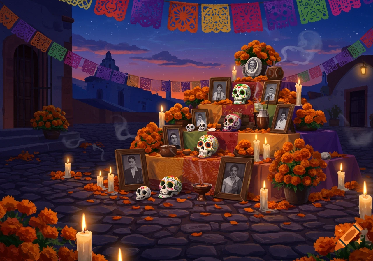 A vibrant Day of the Dead altar at dusk in a Mexican village, adorned with marigolds, sugar skulls, candles, and framed photos.