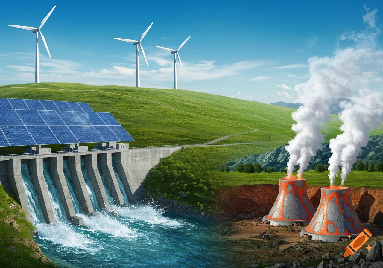 A vivid landscape contrasting clean energy sources like wind, solar, and hydro dam with polluting industrial structures.