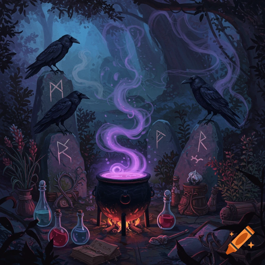 An enchanting scene with three black ravens perched on rune stones around a bubbling cauldron emitting purple smoke in a dark, mystical forest setting. Various potion bottles and ancient items are arranged around the cauldron.