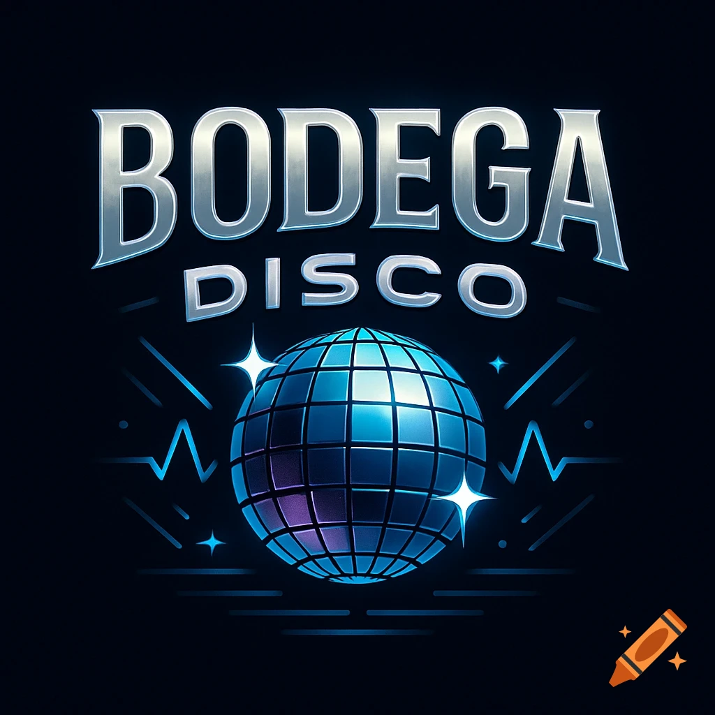 Logo for 'BODEGA DISCO' with a shimmering blue disco ball and abstract blue light lines on a dark background.