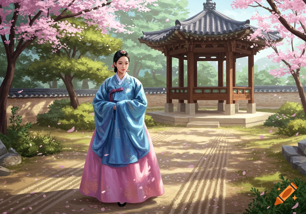 A woman in a blue and pink Hanbok stands in a vibrant garden with cherry blossoms and a traditional Korean pavilion, digital art style.