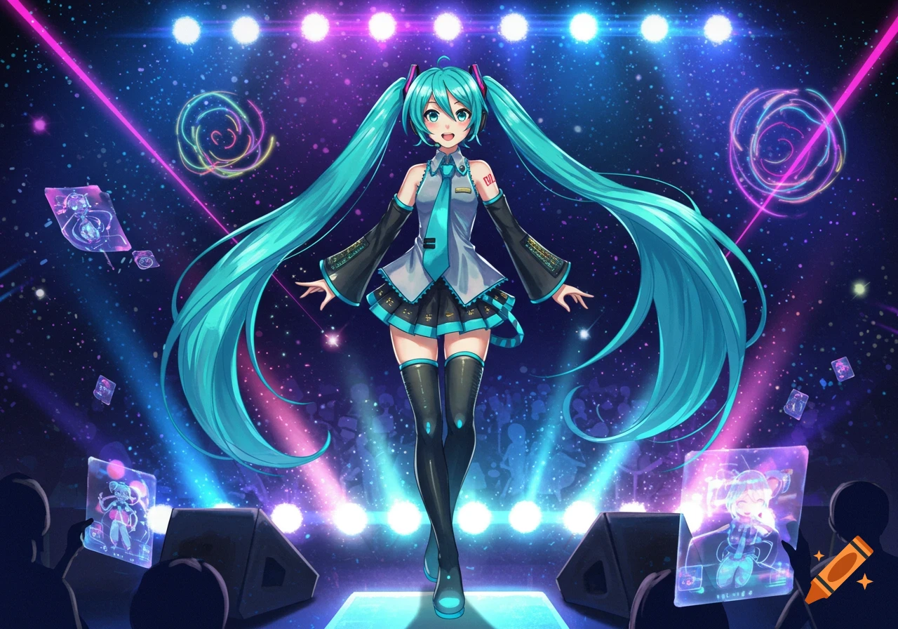 Hatsune Miku on a stage, illuminated by bright blue and purple lights, with long teal pigtails, a gray and black outfit, and holographic screens around her.