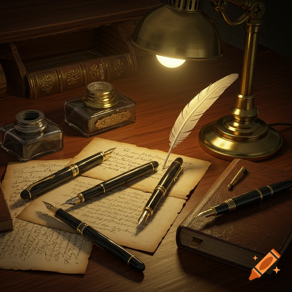 A photorealistic still life of a wooden desk with antique writing instruments including a feather quill, several fountain pens, inkwells, and old papers under a brass desk lamp.