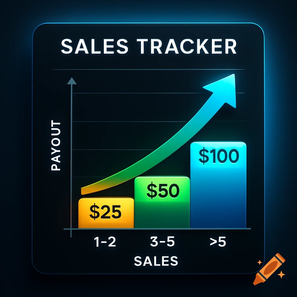 Sales tracker chart on dark background showing increasing payout with more sales: $25 for 1-2, $50 for 3-5, $100 for >5.