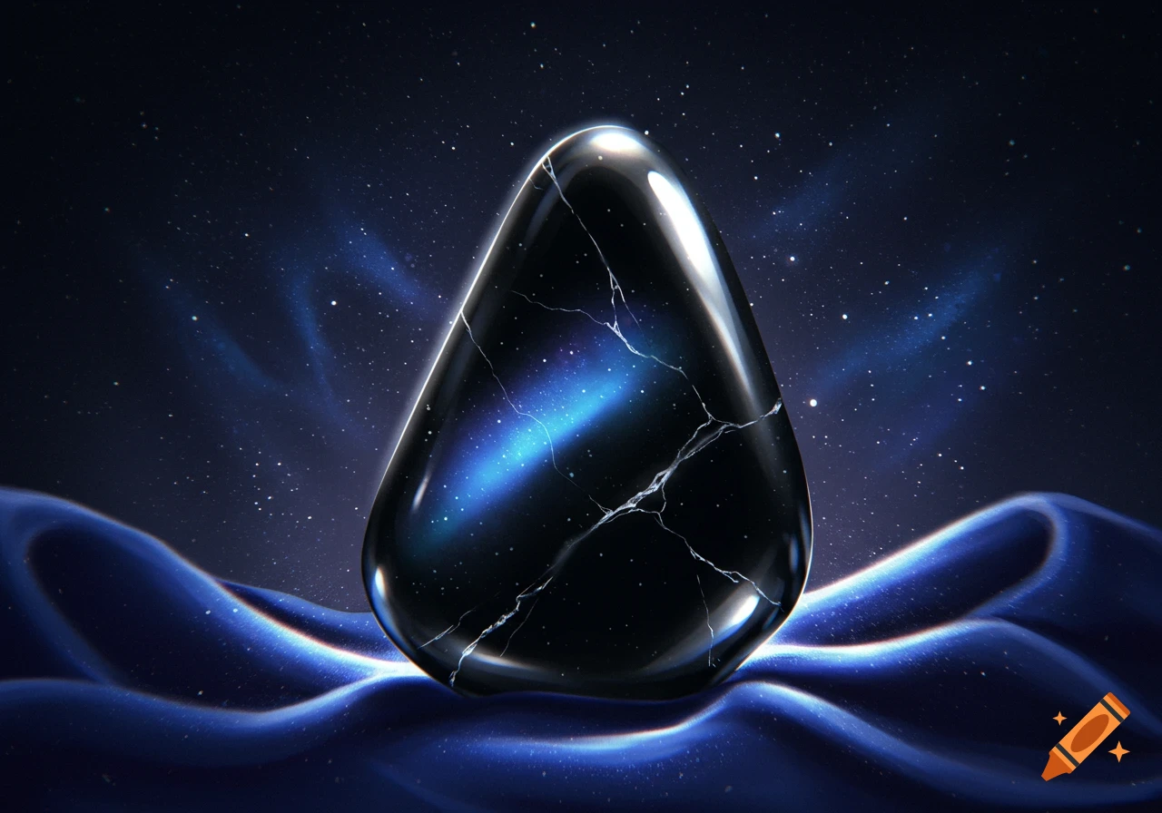 A dark, polished, teardrop-shaped obsidian stone reflecting a starry night sky, resting on wavy blue fabric.