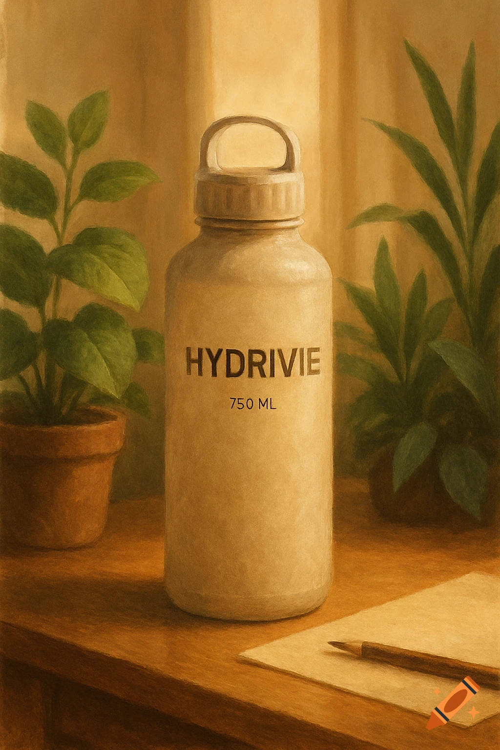 A beige Hydrivie water bottle with '750 ML' sits on a wooden desk, flanked by potted green plants, in a warm digital painting.