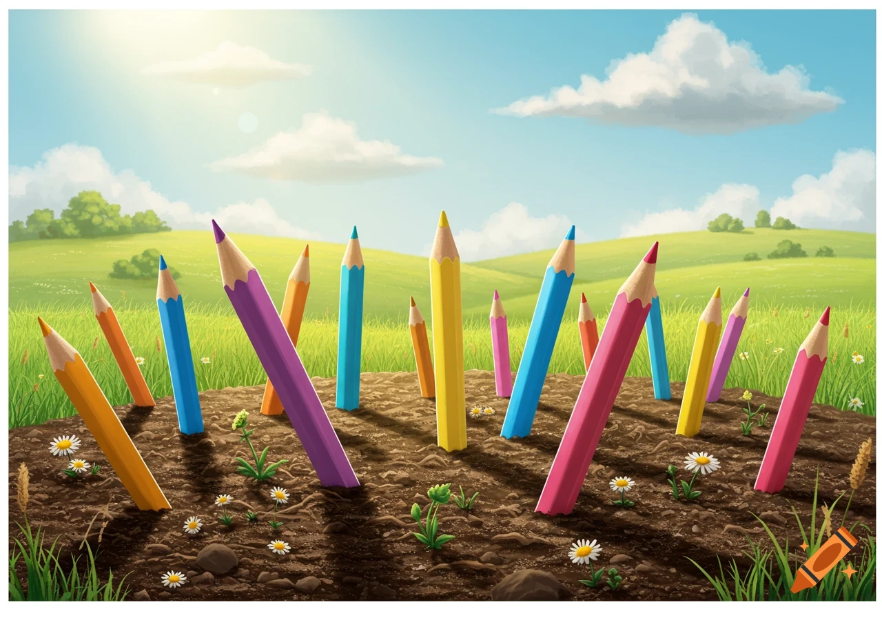 Colorful pencils growing out of rich brown soil with small white flowers and green plants, set against a vibrant green hillside and bright blue sky.