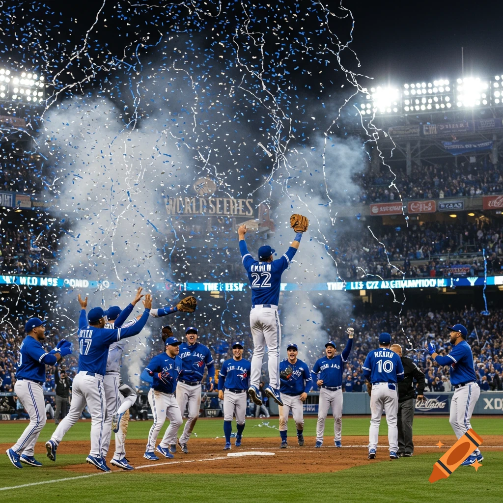 Photorealistic image of baseball players in blue and white uniforms celebrating victory in a stadium, showered with confetti at night.