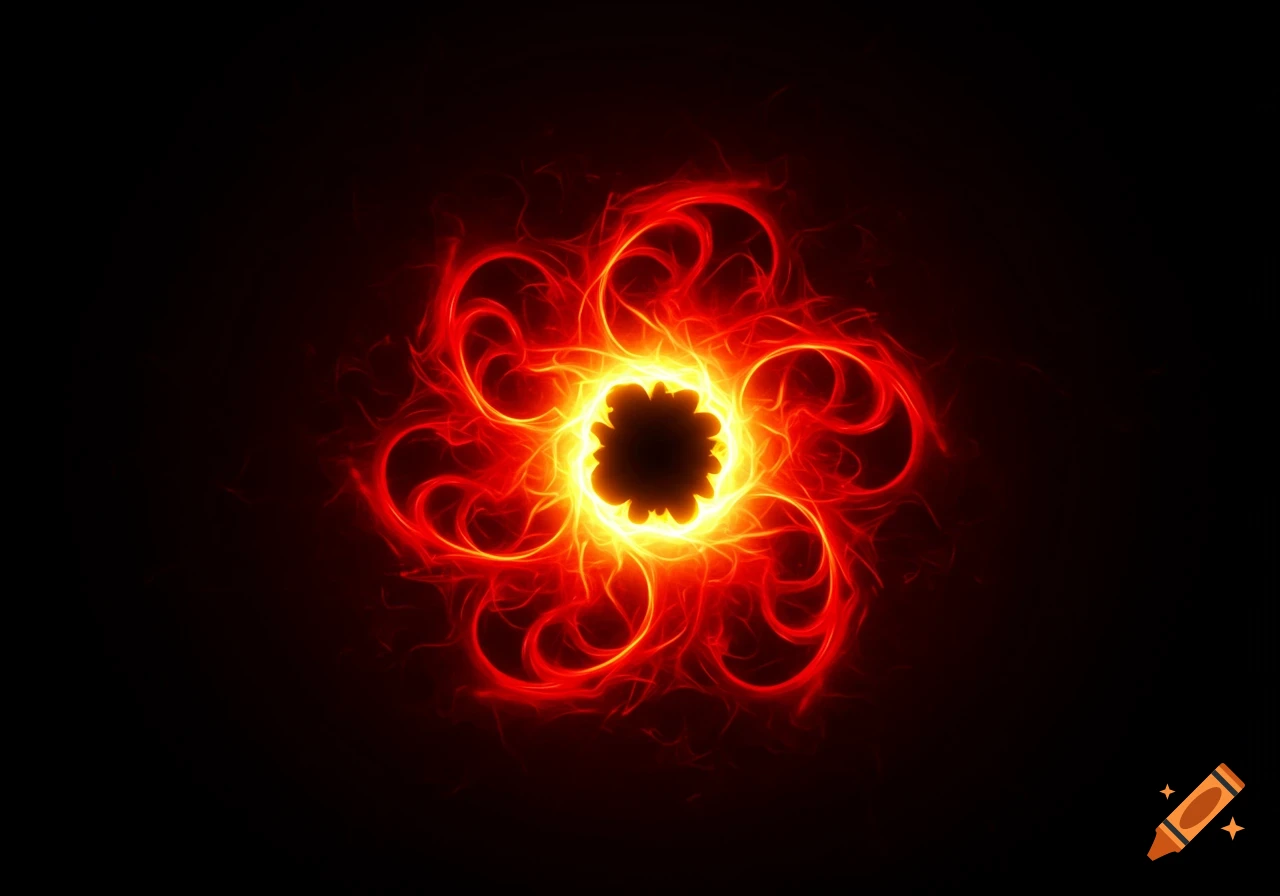 A vibrant abstract flame pattern with a bright yellow core surrounded by swirling red tendrils against a dark background.