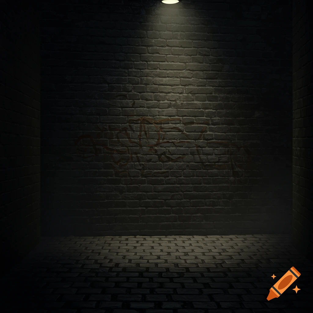 A dark, atmospheric alleyway or room with grey brick walls, a cobblestone floor, and a single spotlight illuminating the center.
