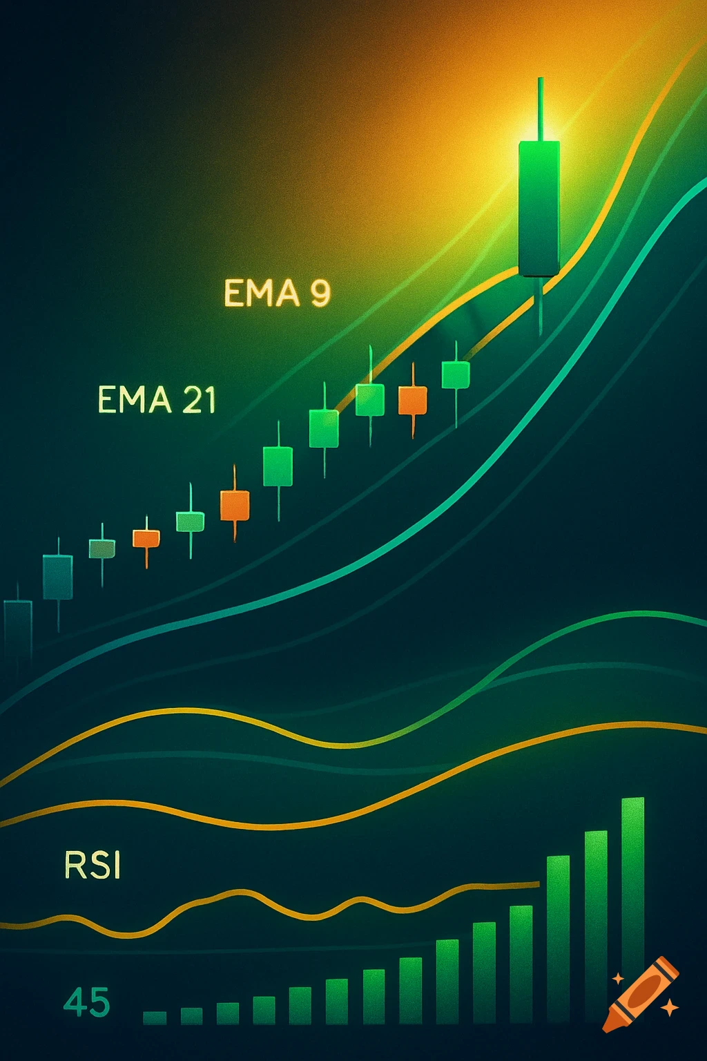 A vibrant financial chart displaying EMA 9, EMA 21, RSI, and candlestick patterns against a dark background.