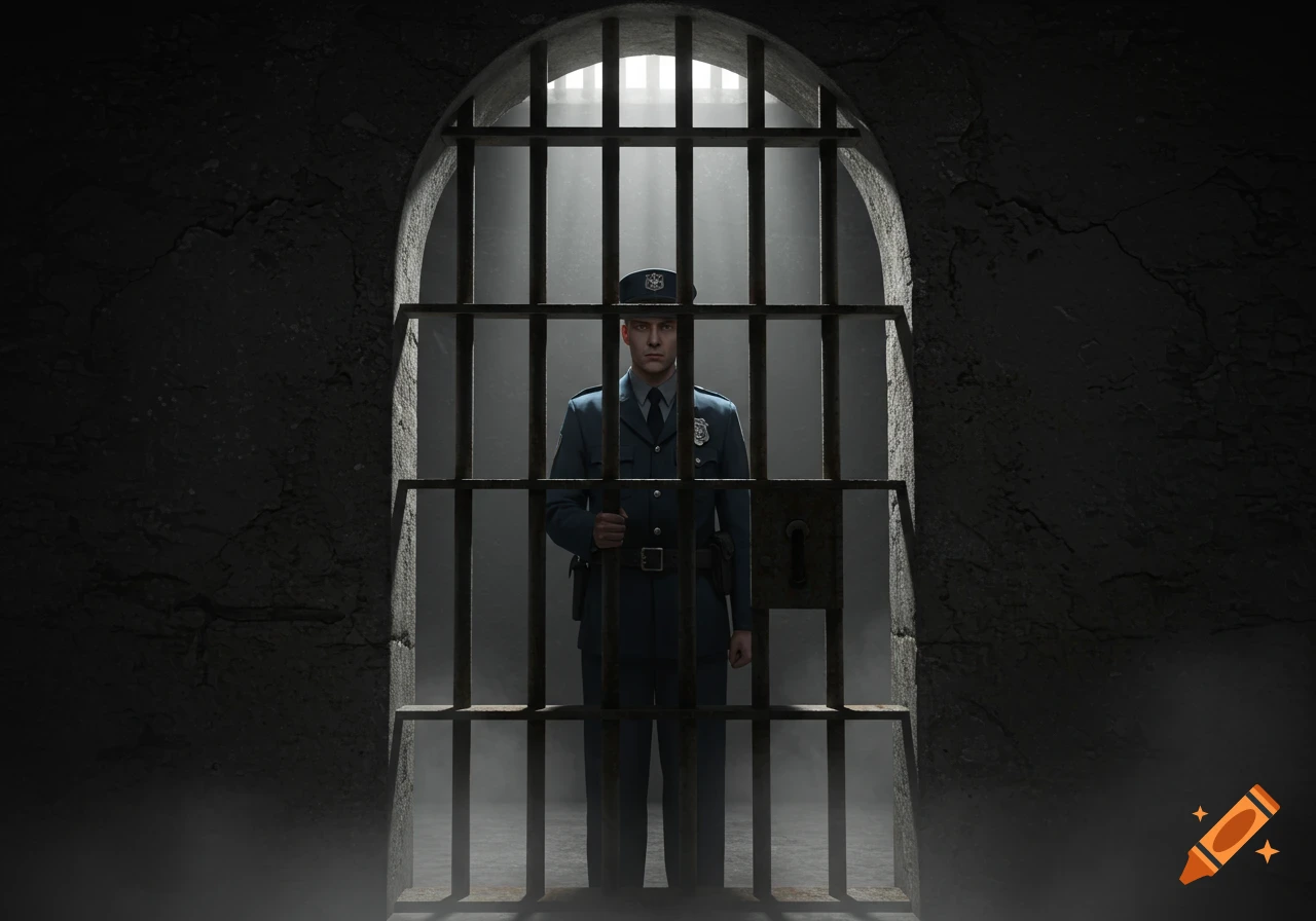 A photorealistic illustration of a stern male guard in a blue uniform standing behind dark prison bars, looking directly forward.