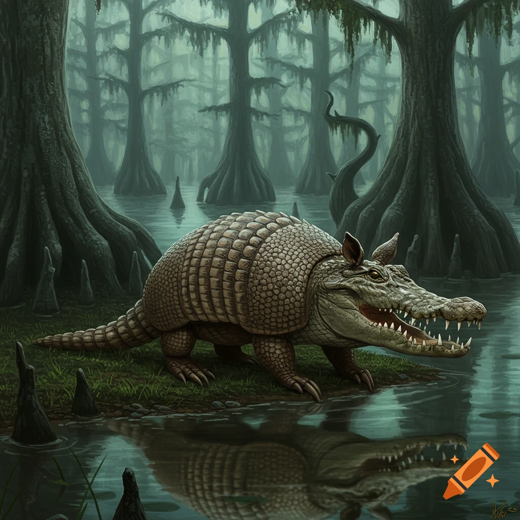 A fantasy armadillo-crocodile hybrid creature stands on a small island in a misty, dark swamp.
