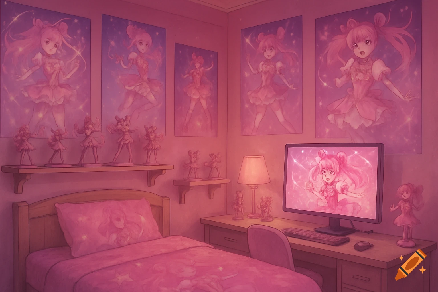 Anime-style pink bedroom with magical girl posters, figurines, and a computer displaying a character.
