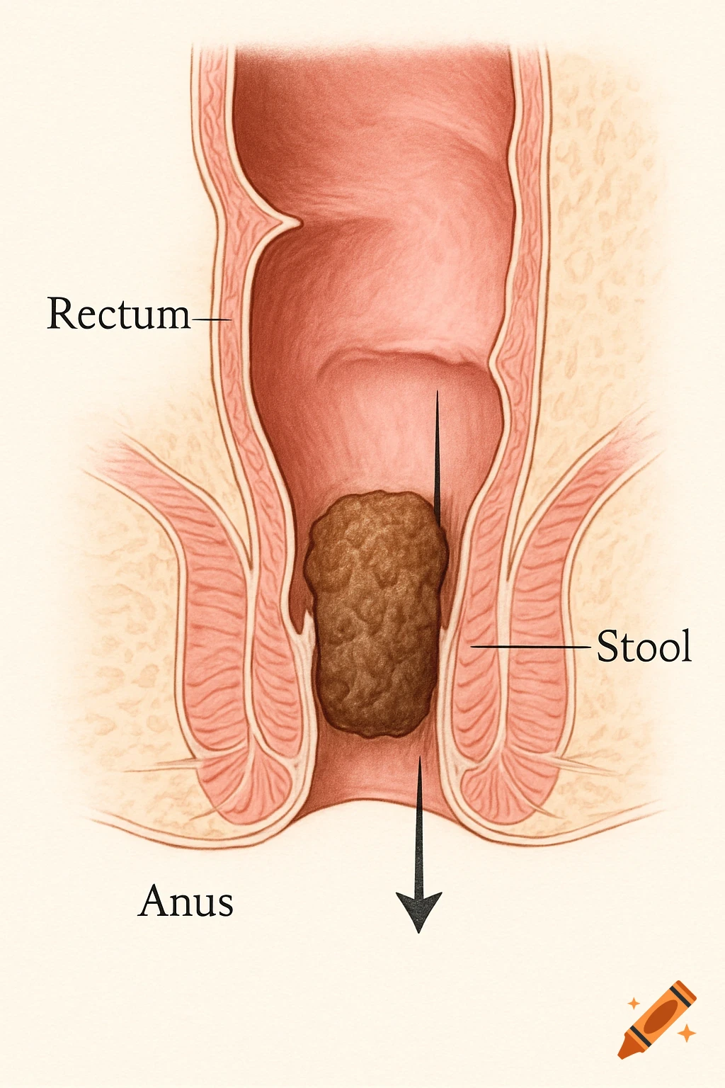 Medical illustration of a cross-sectional diagram of the rectum and anus with stool halfway exiting, labeled.