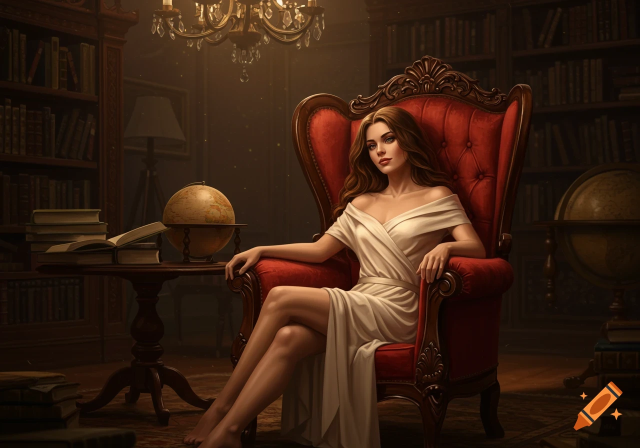 A photorealistic depiction of a woman with long hair sitting in an ornate red armchair in a dimly lit library.