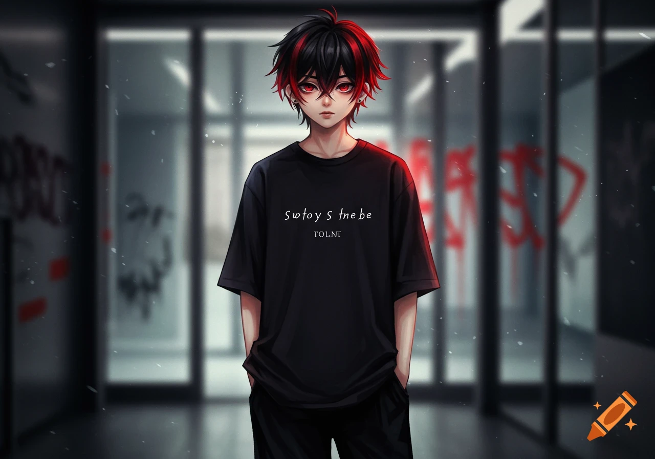 Anime boy with black and red hair, black t-shirt, and baggy pants standing in a blurred urban setting.