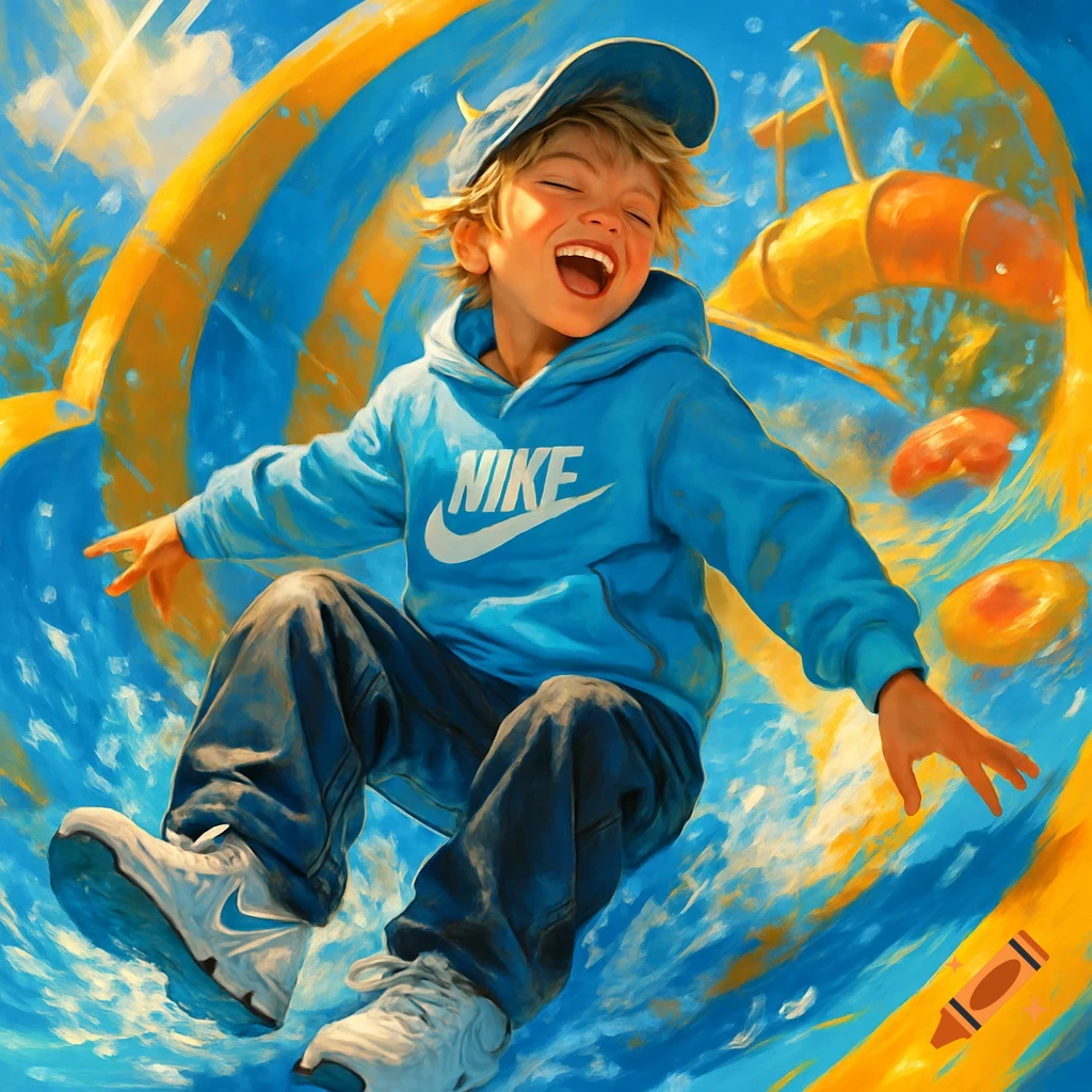 A happy boy in a blue Nike hoodie slides down a vibrant blue and yellow water slide, laughing, in a painterly style.
