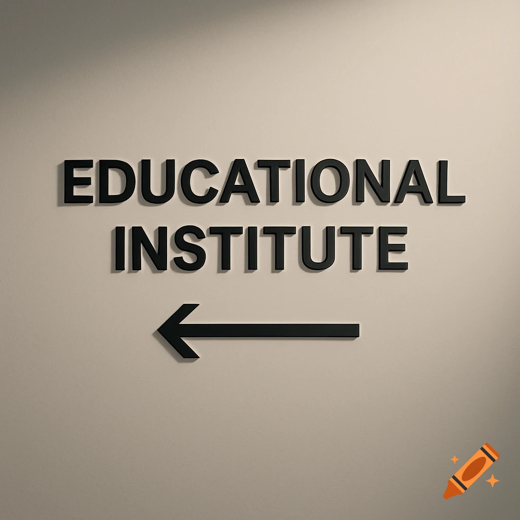 A black sign with 3D letters reading 'EDUCATIONAL INSTITUTE' and an arrow pointing left on a light beige wall.