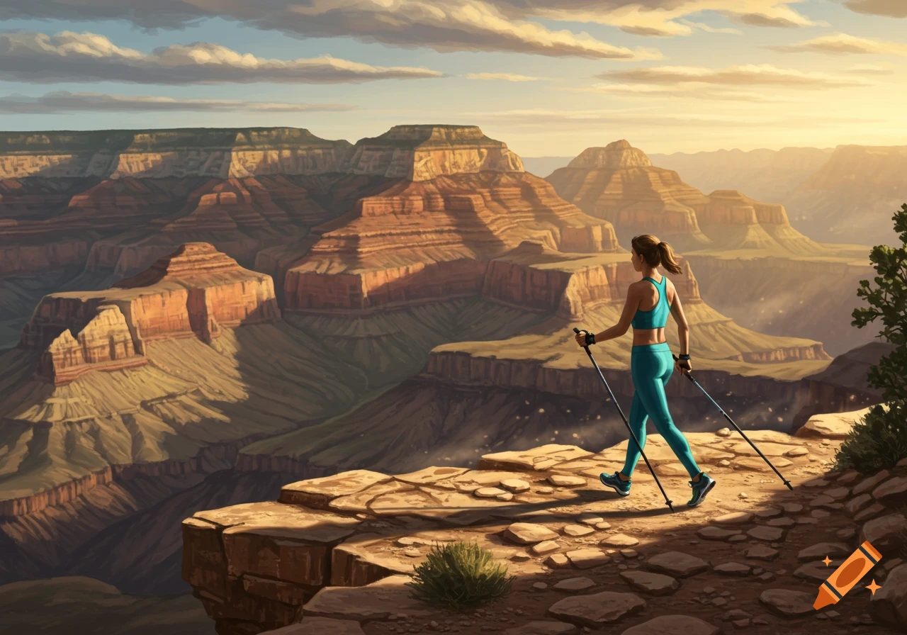 A woman nordic pole walks on a rocky cliff overlooking the vast, layered Grand Canyon at sunset. Painterly style.