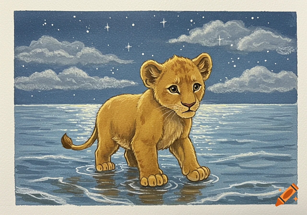 A hand-painted watercolor illustration of a cute lion cub walking in the calm ocean at night under a starry, cloudy sky.