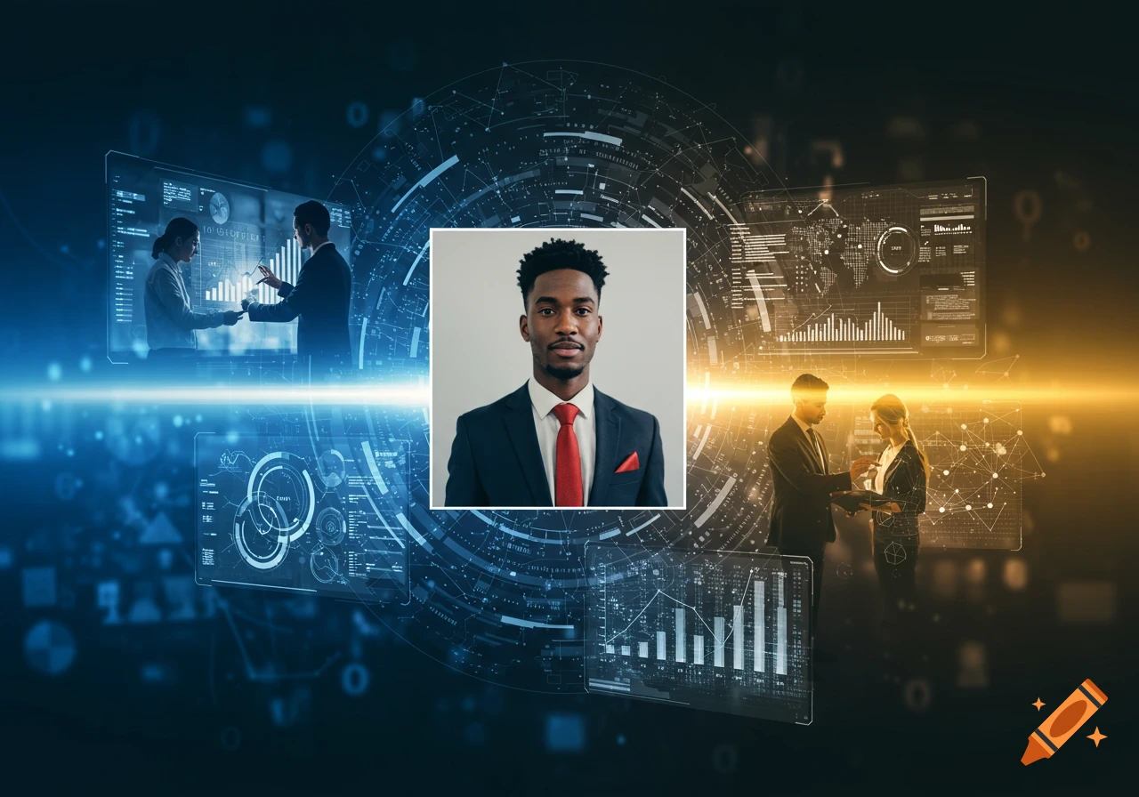 A man in a suit and red tie stands against a dark background with blue and gold digital interfaces, data visualizations, and business people.