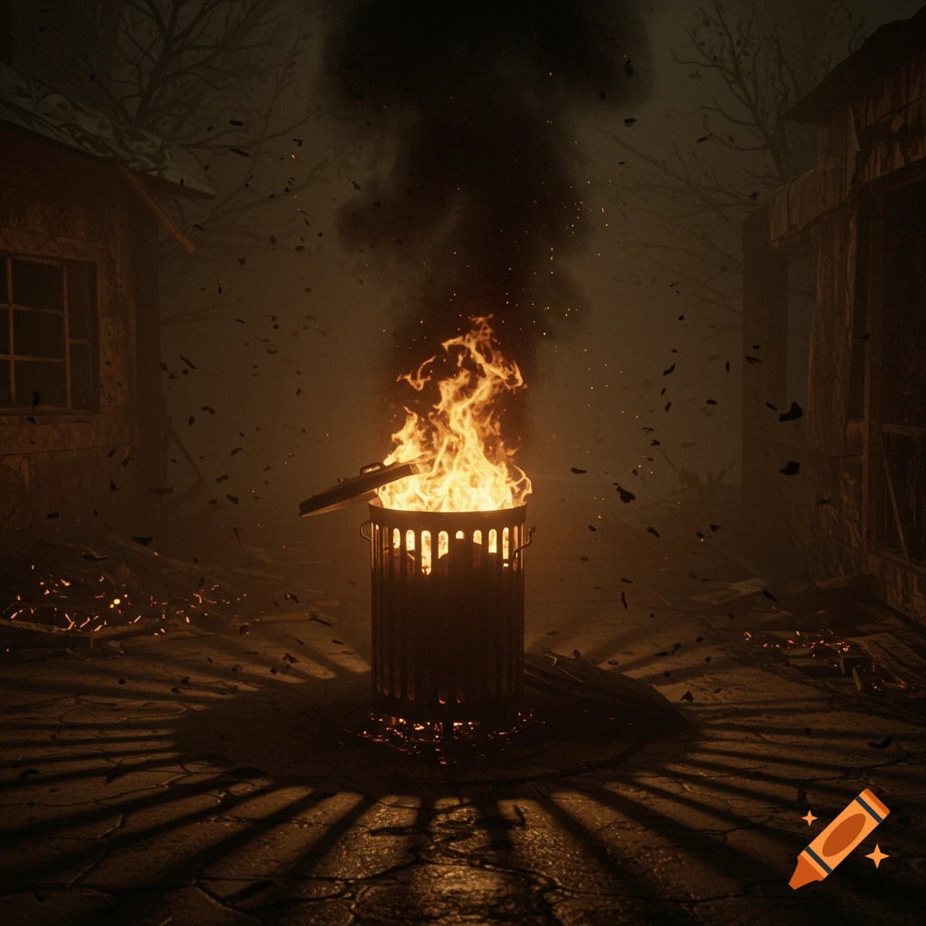 A metal trash can is on fire in a dark, foggy alley with dilapidated buildings and embers scattered around.