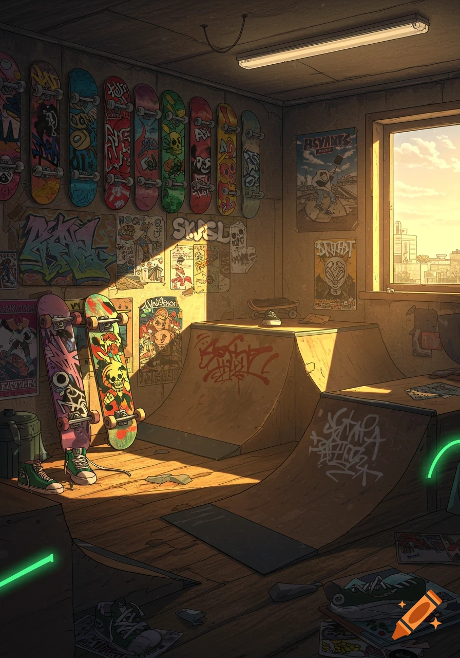 A stylized teenage skate room with numerous skateboards, ramps, posters, and graffiti, illuminated by sunlight from a window.