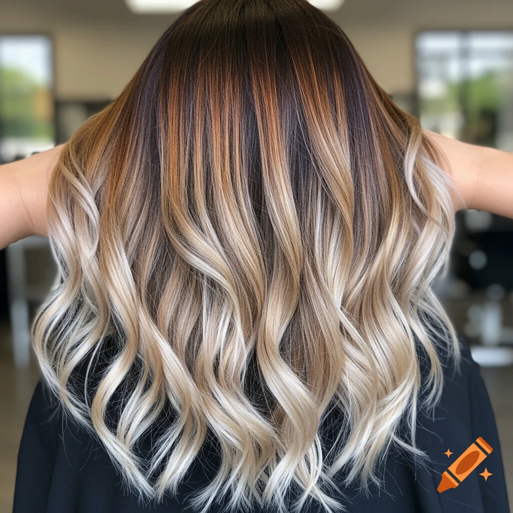 Back view of a person with long, wavy brown hair fading to blonde and grey-blonde tips in a salon.