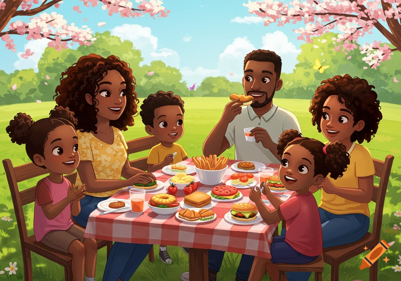 A happy cartoon Black family enjoys a picnic with burgers and fries under blooming cherry blossom trees.