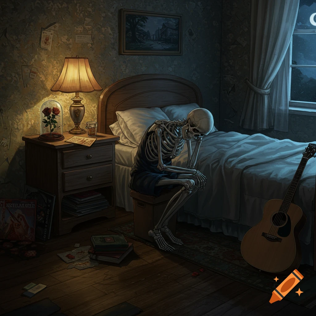 A sad teenage skeleton sits on a stool in a dimly lit bedroom at night, with a lamp, a rose under glass, and a guitar.