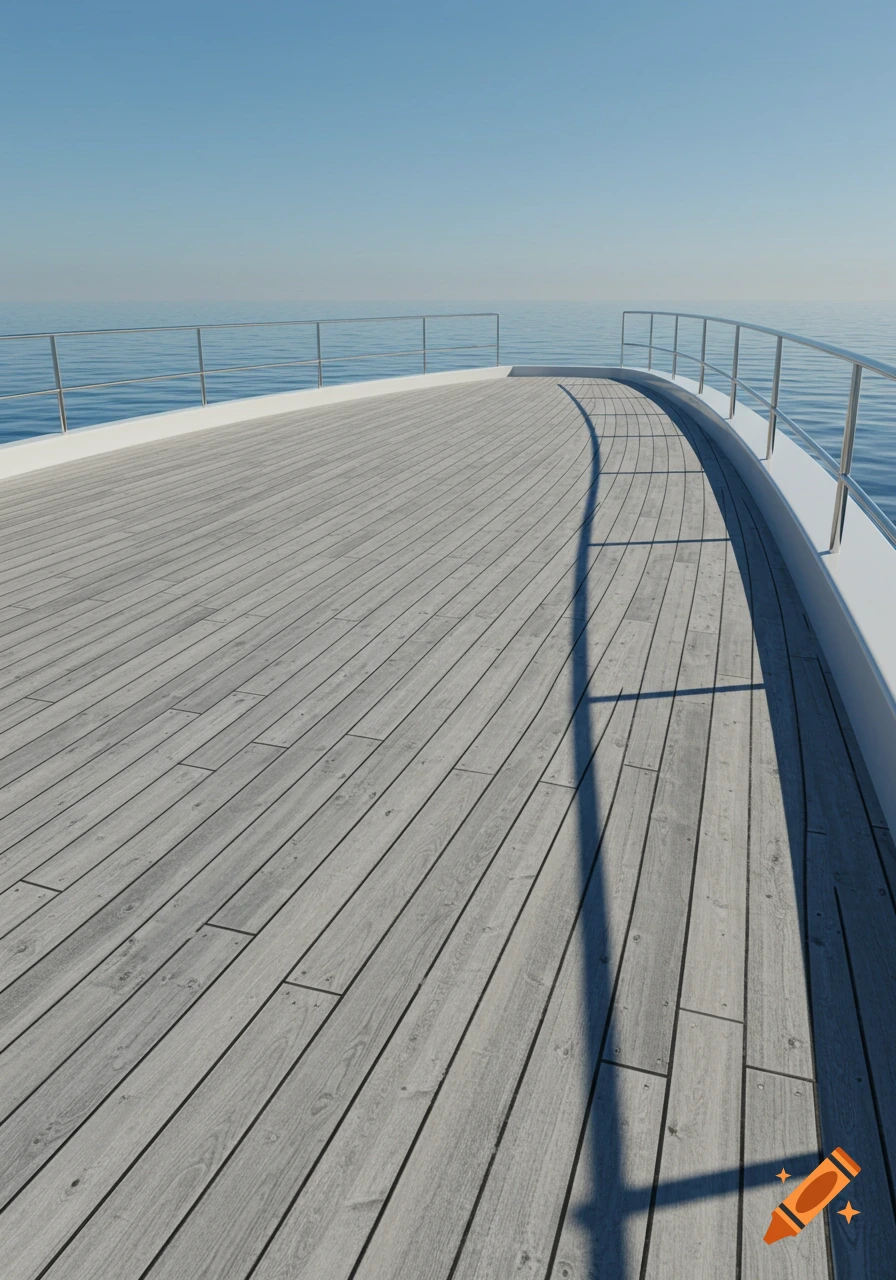 Bow of a yacht with a grey wooden deck and silver railings on calm blue water under a clear sky.