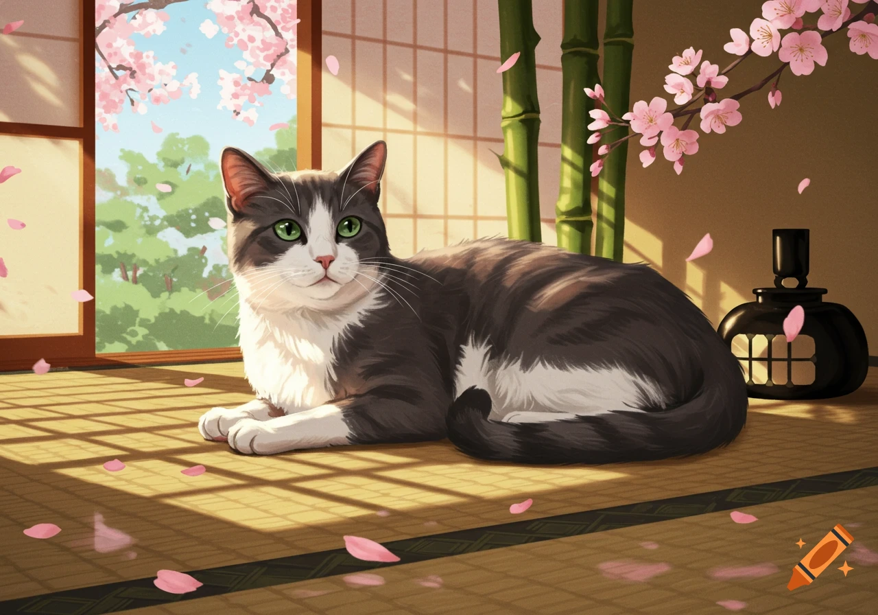 A gray and white cat with green eyes lies on a tatami mat in a sunlit room with pink cherry blossoms and bamboo.