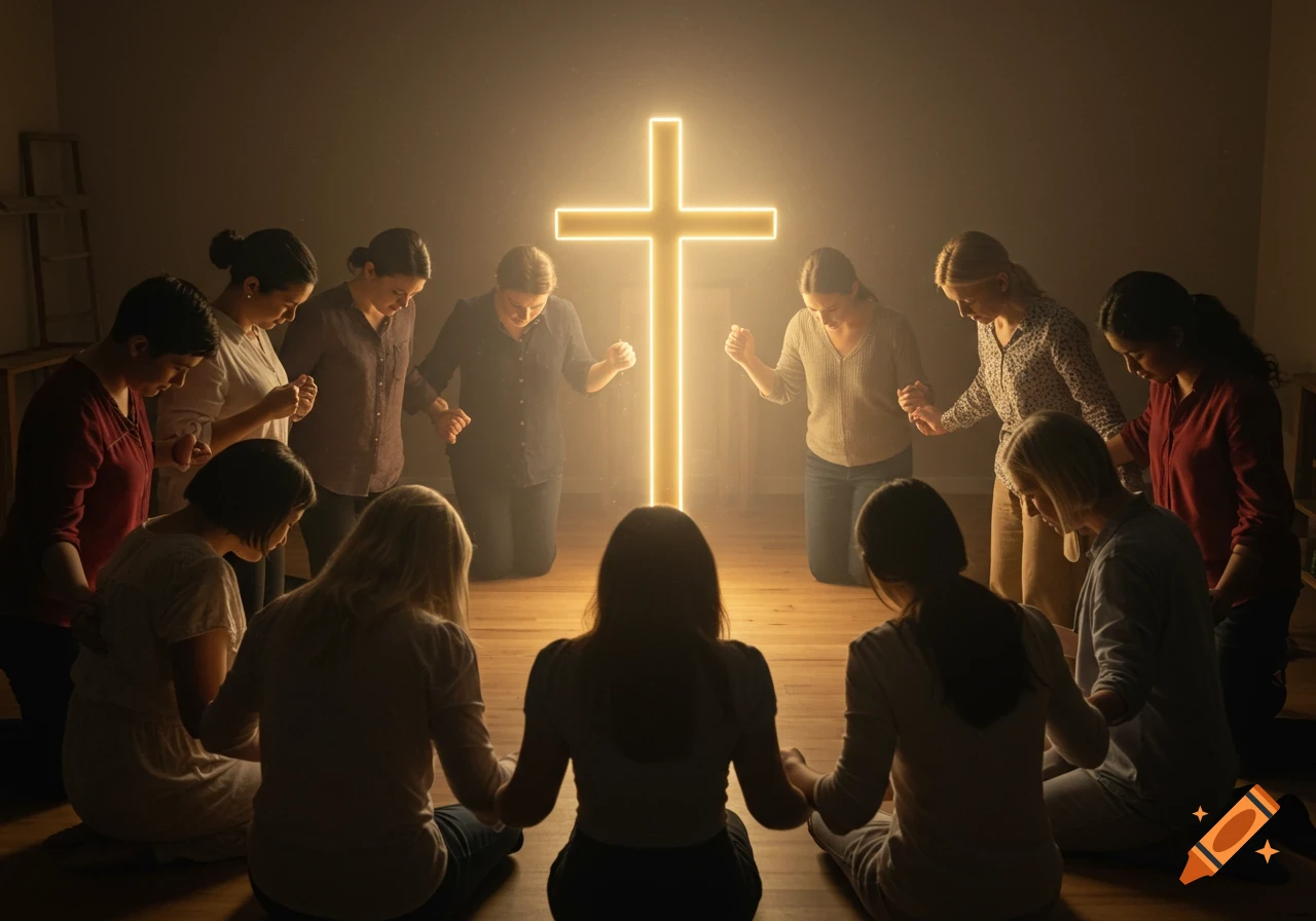 A group of women kneel in a circle holding hands, praying around a brightly glowing Christian cross in a dim room.