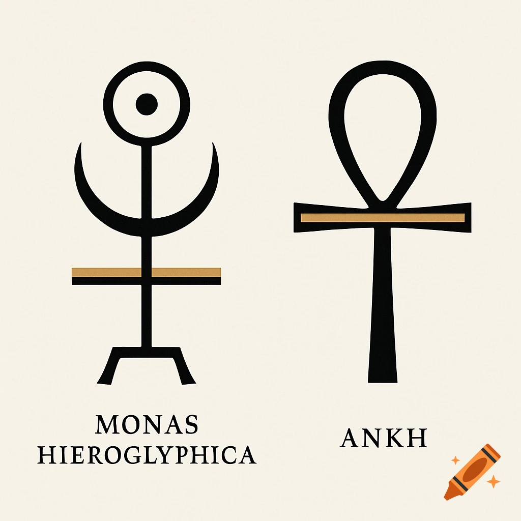 A minimalist diagram comparing John Dee's Monas Hieroglyphica and the Egyptian Ankh symbol on a cream background.