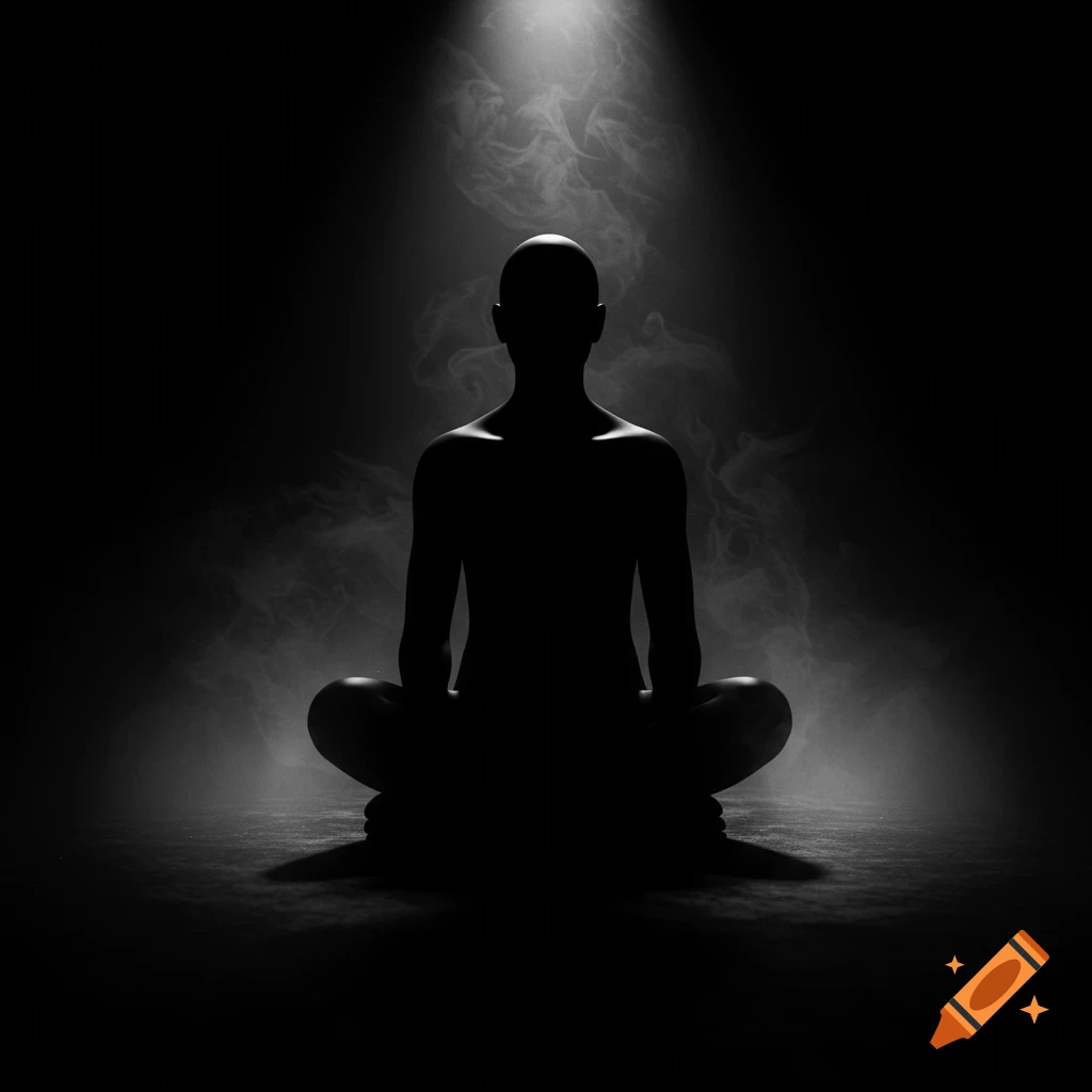 A dark, silhouetted figure sits cross-legged in meditation under a beam ...
