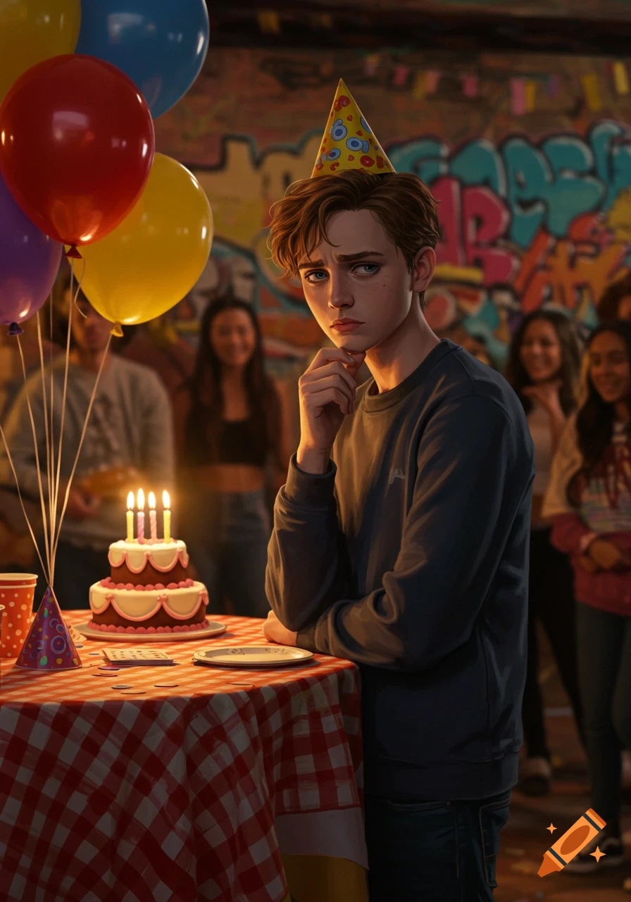 A moody teenager wearing a birthday hat looks pensively at a table with a cake and balloons at a party, painted style.