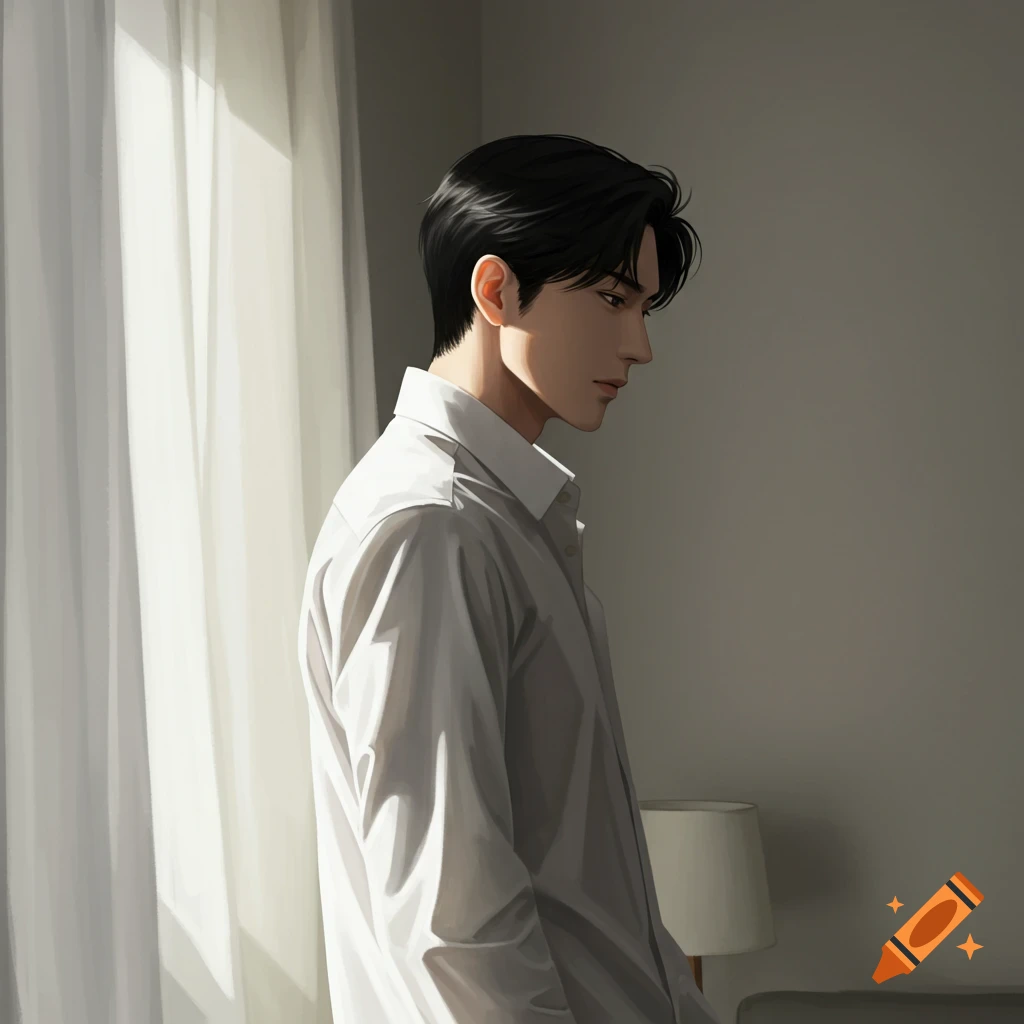 A stylized illustration of a man with black hair in a white shirt, standing by a window with sheer curtains.