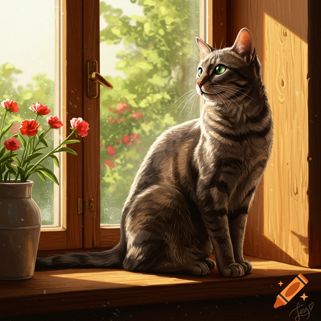 A tabby cat with green eyes sits on a sunny wooden windowsill next to a vase of red flowers, looking out at green trees.