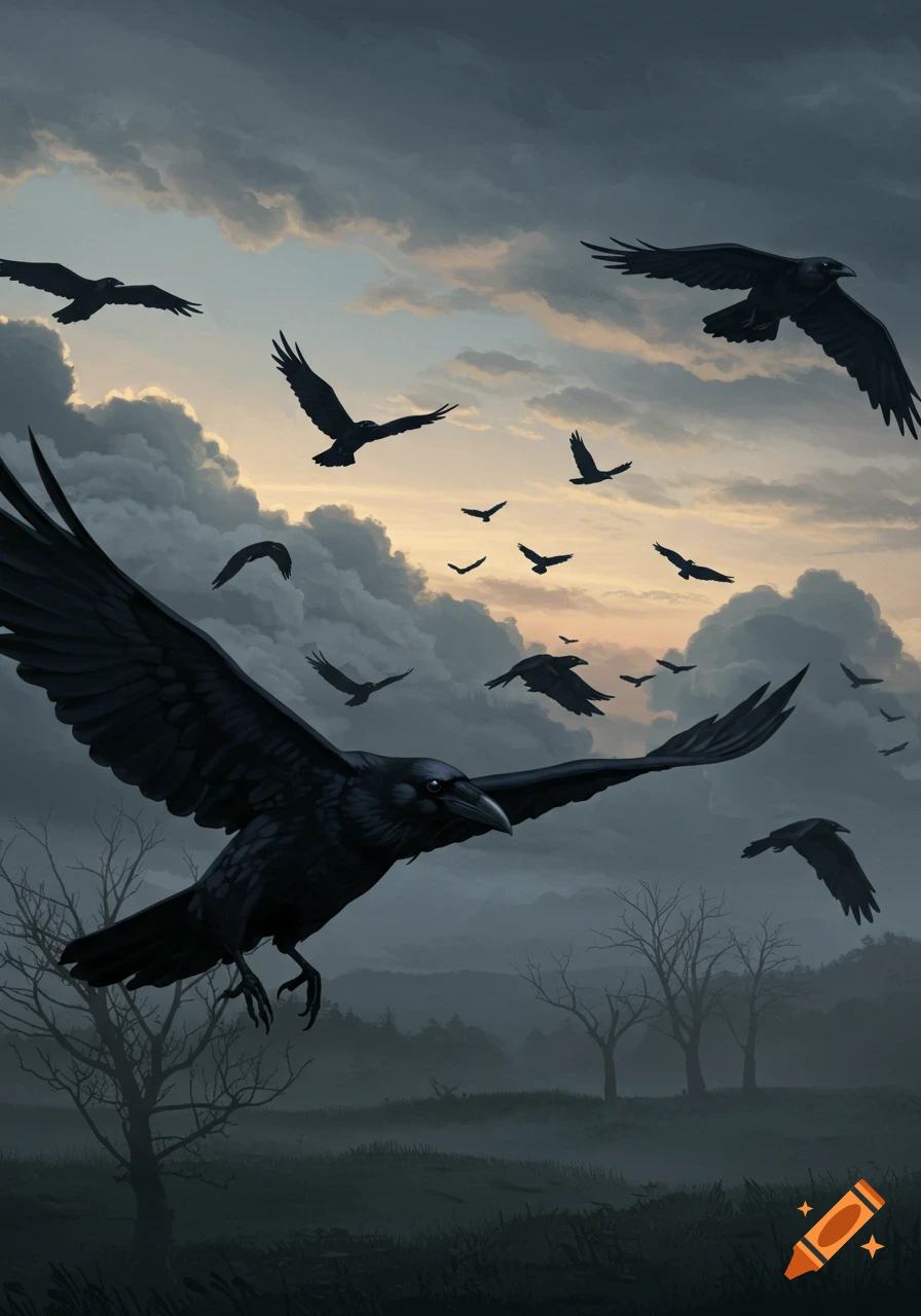 A flock of black ravens flies through a dramatic, cloudy sunset sky ...