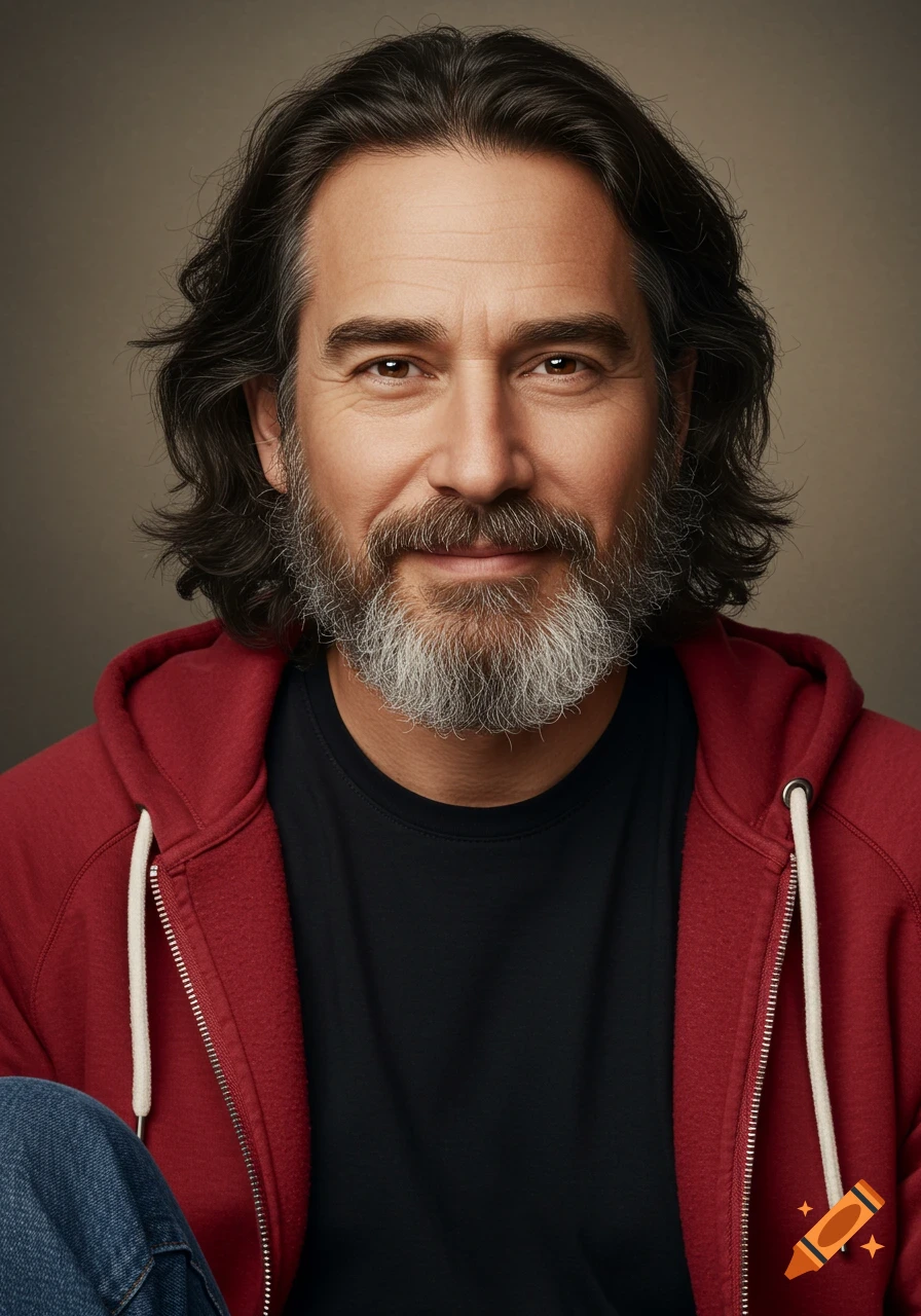 Photorealistic portrait of a smiling man with long dark hair and a ...