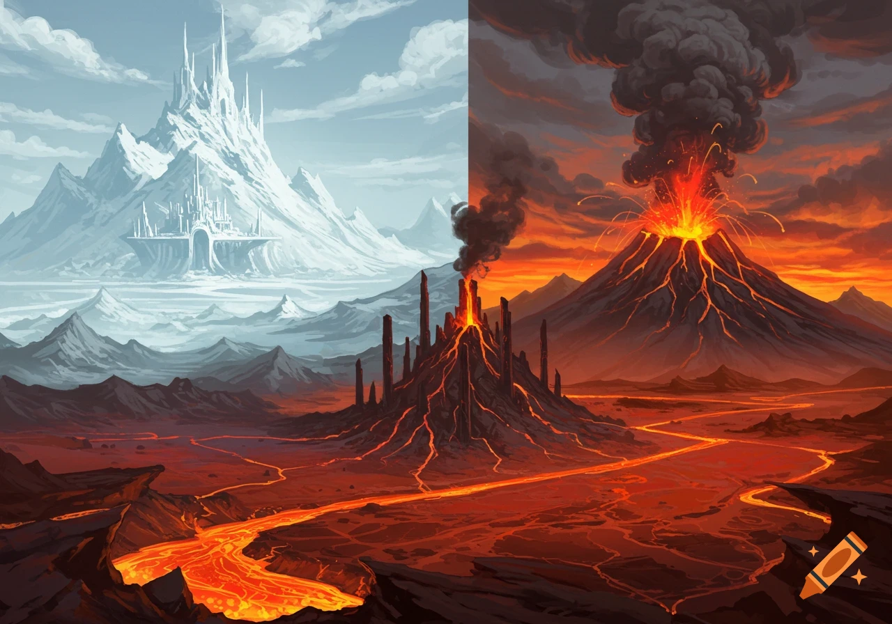 A split fantasy landscape showing a grand ice castle on white mountains under a pale sky on the left, and erupting volcanoes with lava rivers under a fiery red sky on the right.