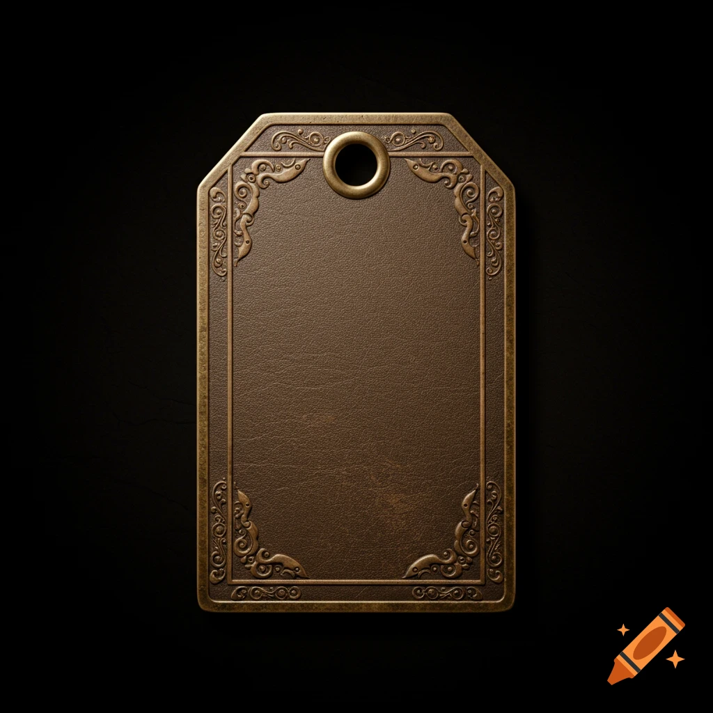 A rectangular vintage bronze tag with ornate borders and a leather-like brown center, against a dark background.